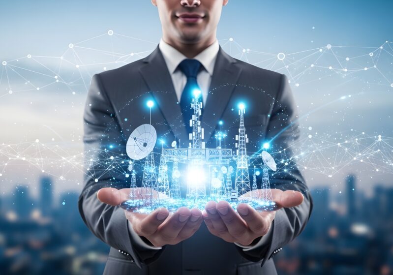 Businessman holding network technology wireless communication towers satellite connection global digital future