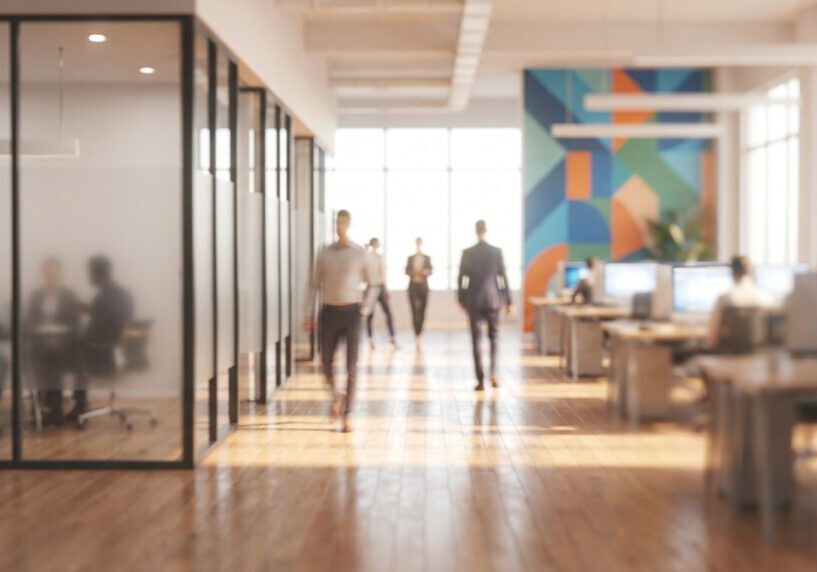 Blurred office environment with dynamic movement of business people, highlighting open-plan workstations, vibrant wall mural, and ample natural light. Modern design combines functionality with artistic elements, reflecting a lively, contemporary workplace.